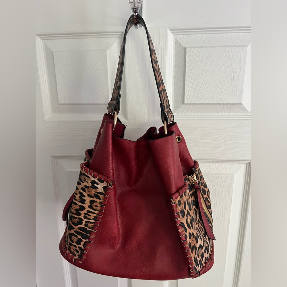 Red and Leopard Print Women's Bag